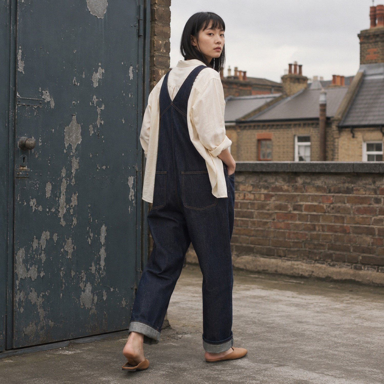 Berwick Straight Leg Dungarees — Dungarees by YOON SYM. worn by a model, side view.
