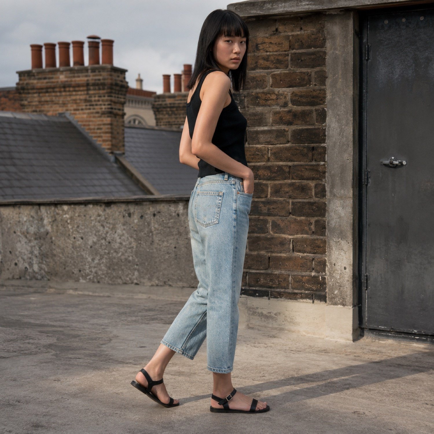 Broadwick Cropped Straight Jean — Jeans by YOON SYM. worn by a model, side view.