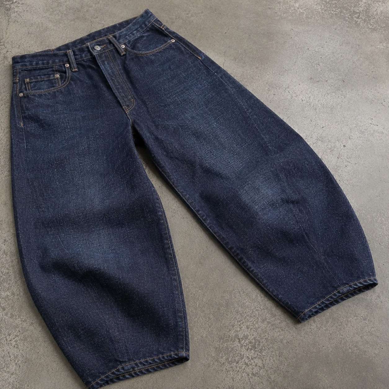 Silver Barrel Leg Jean — Jeans by YOON SYM. close detail of the fabric and finish.