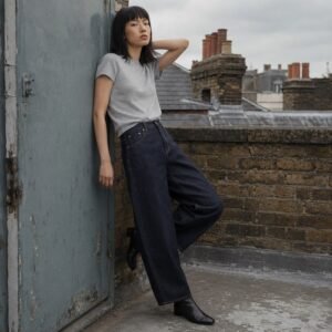 Silver Barrel Leg Jean — Jeans by YOON SYM. worn by a model.