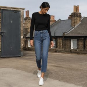 Kingly Cropped Straight Jean — Jeans by YOON SYM. worn by a model.