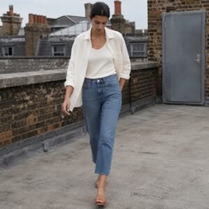 Golden Cropped Straight Jean — Jeans by YOON SYM. worn by a model.