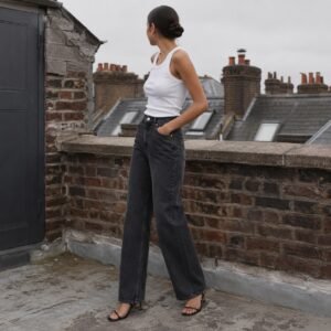 Silver Wide Leg Jean — Jeans by YOON SYM. worn by a model.