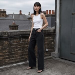 Silver Wide Leg Jean — Jeans by YOON SYM. worn by a model.