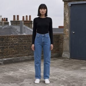 Denman High Rise Straight Jean — Jeans by YOON SYM. worn by a model.