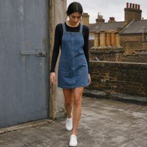 Kingly Denim Pinafore Dress — Skirts & Dresses by YOON SYM. worn by a model.