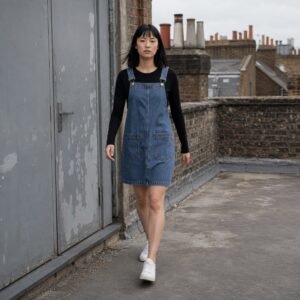 Kingly Denim Pinafore Dress — Skirts & Dresses by YOON SYM. worn by a model.