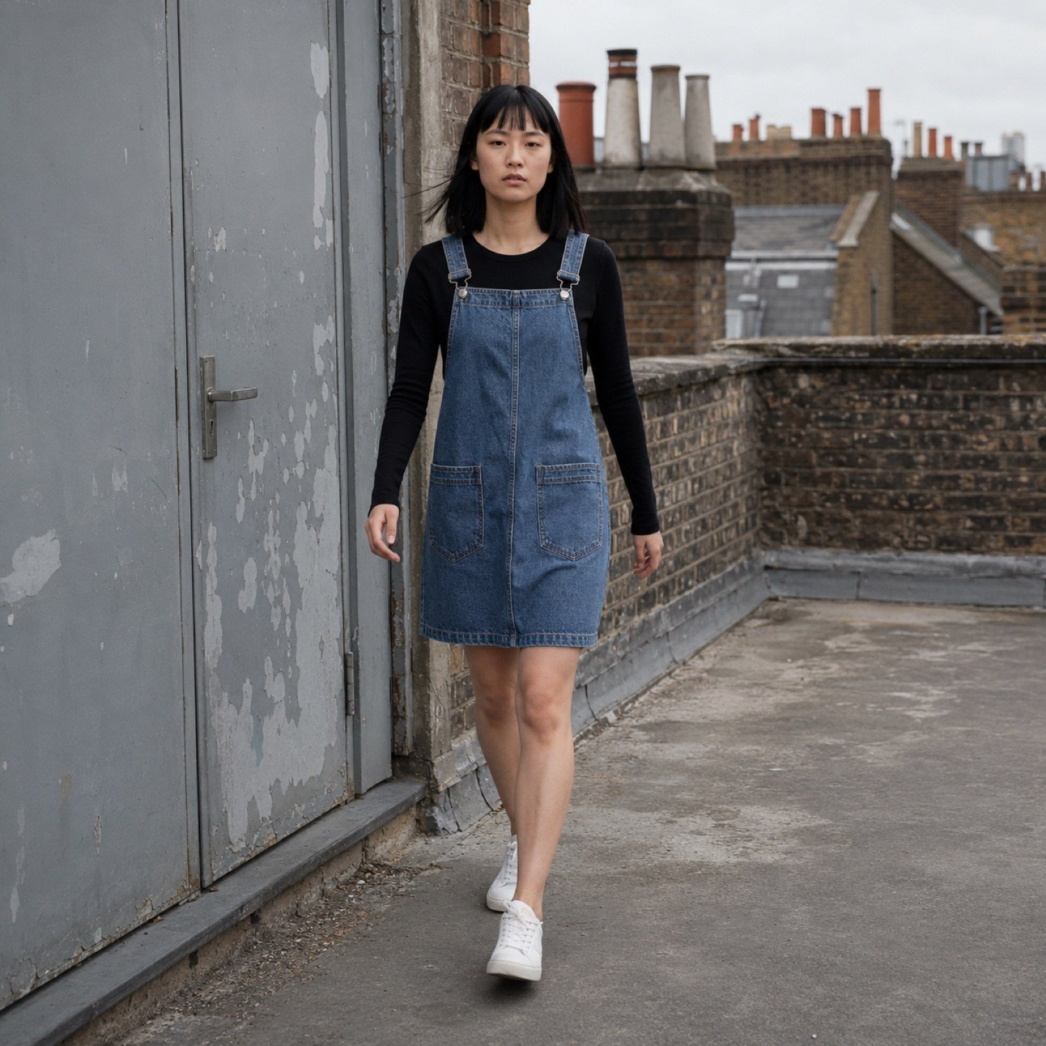 Kingly Denim Pinafore Dress — Skirts & Dresses by YOON SYM. worn by a model.