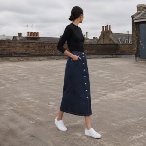 Ganton Button Front Denim Skirt — Skirts & Dresses by YOON SYM. worn by a model.