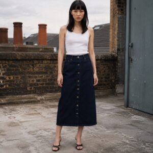 Broadwick Button Front Denim Skirt — Skirts & Dresses by YOON SYM. worn by a model.
