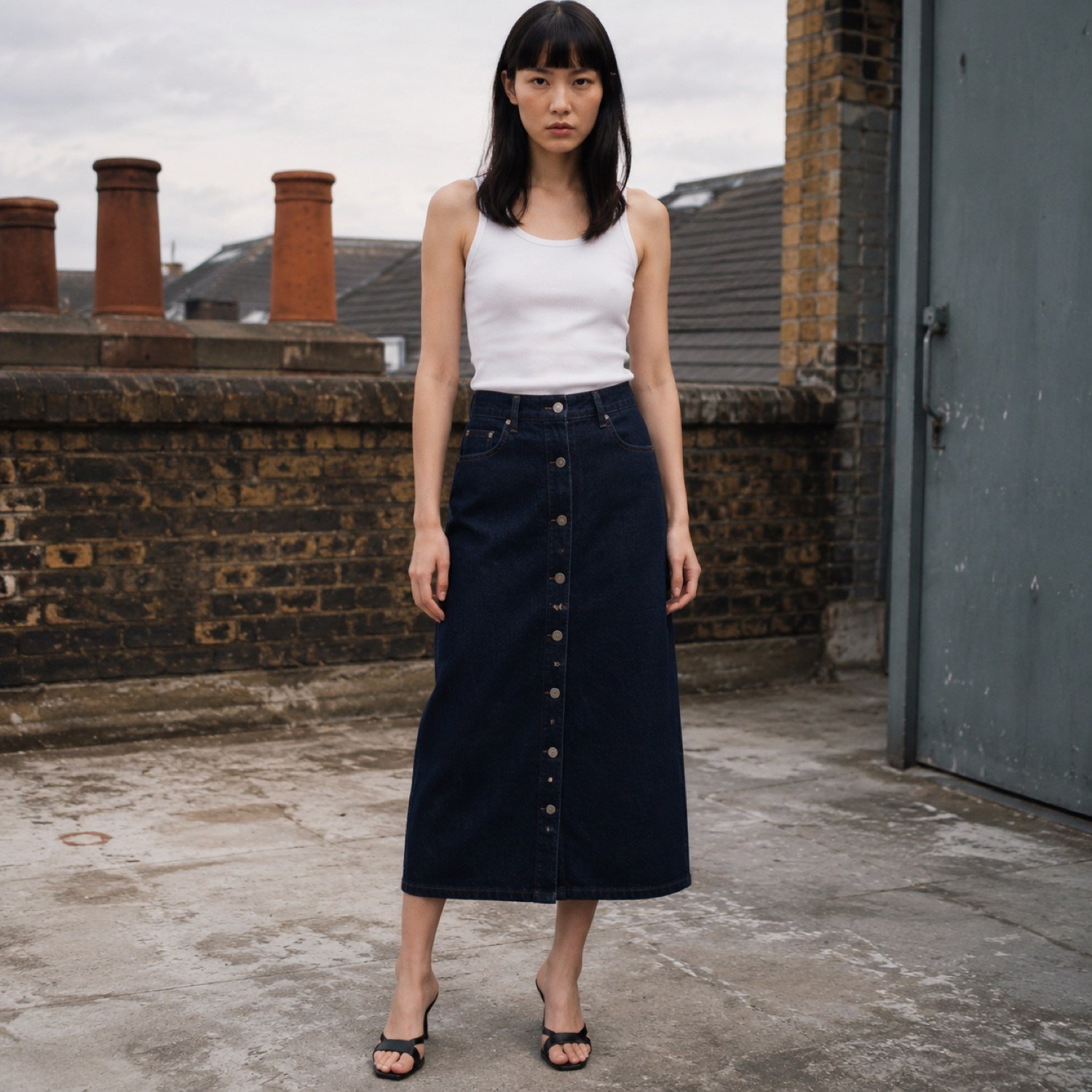 Broadwick Button Front Denim Skirt — Skirts & Dresses by YOON SYM. worn by a model.