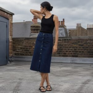 Broadwick Button Front Denim Skirt — YOON SYM knitwear, product photograph