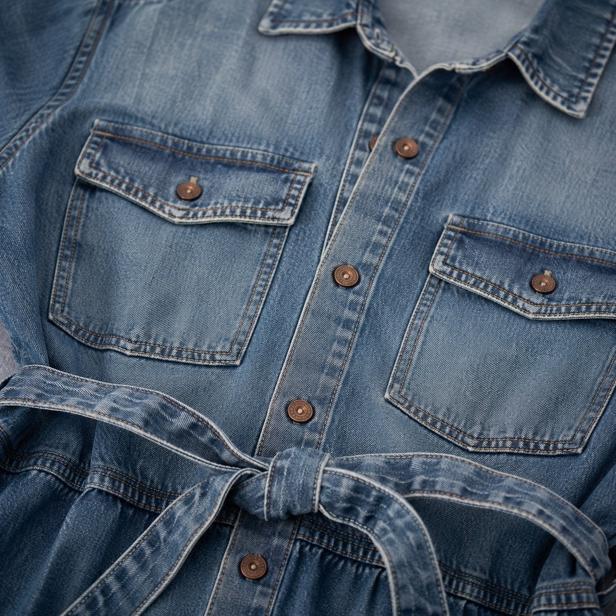 Foubert Denim Shirt Dress — Skirts & Dresses by YOON SYM. close detail of the fabric and finish.