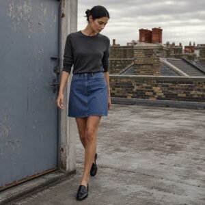 Argyll A-Line Denim Skirt — Skirts & Dresses by YOON SYM. worn by a model.