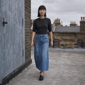Argyll A-Line Denim Skirt — Skirts & Dresses by YOON SYM. worn by a model.