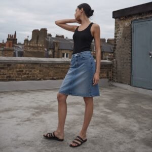 Argyll A-Line Denim Skirt — YOON SYM knitwear, product photograph