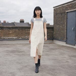 Denman Denim Pinafore Dress — Skirts & Dresses by YOON SYM. worn by a model.