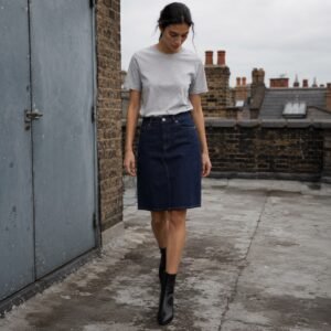 Warwick A-Line Denim Skirt — Skirts & Dresses by YOON SYM. worn by a model.
