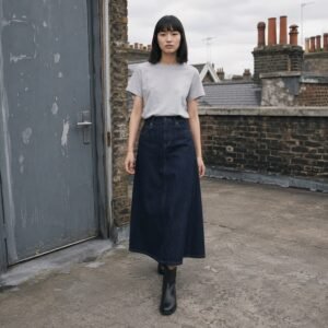 Warwick A-Line Denim Skirt — Skirts & Dresses by YOON SYM. worn by a model.