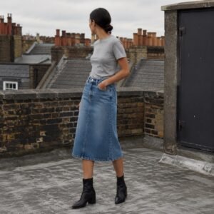 Berwick A-Line Denim Skirt — YOON SYM knitwear, product photograph