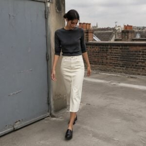 Soho Midi Denim Skirt — Skirts & Dresses by YOON SYM. worn by a model.