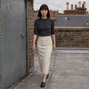 Soho Midi Denim Skirt — Skirts & Dresses by YOON SYM. worn by a model.