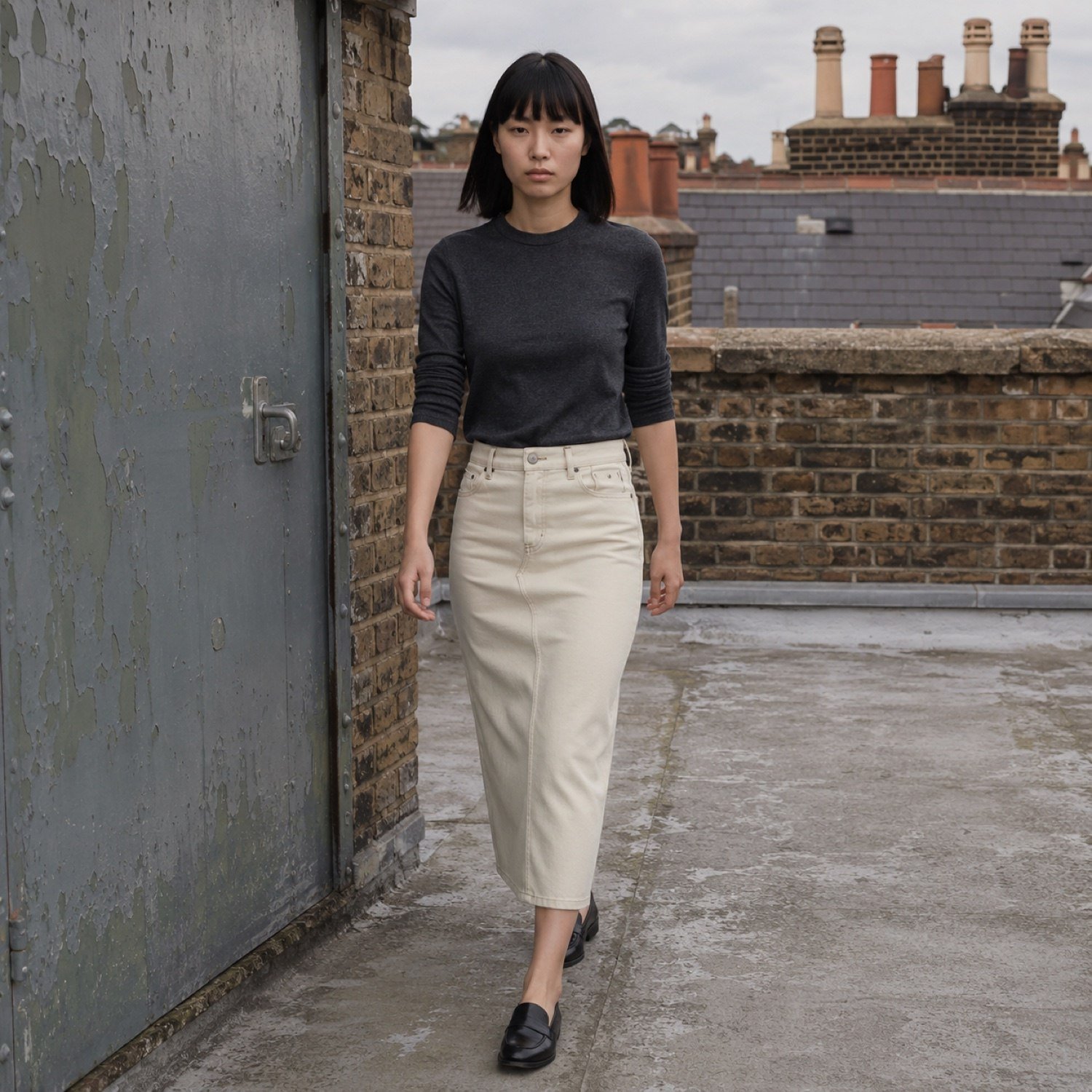 Soho Midi Denim Skirt — Skirts & Dresses by YOON SYM. worn by a model.