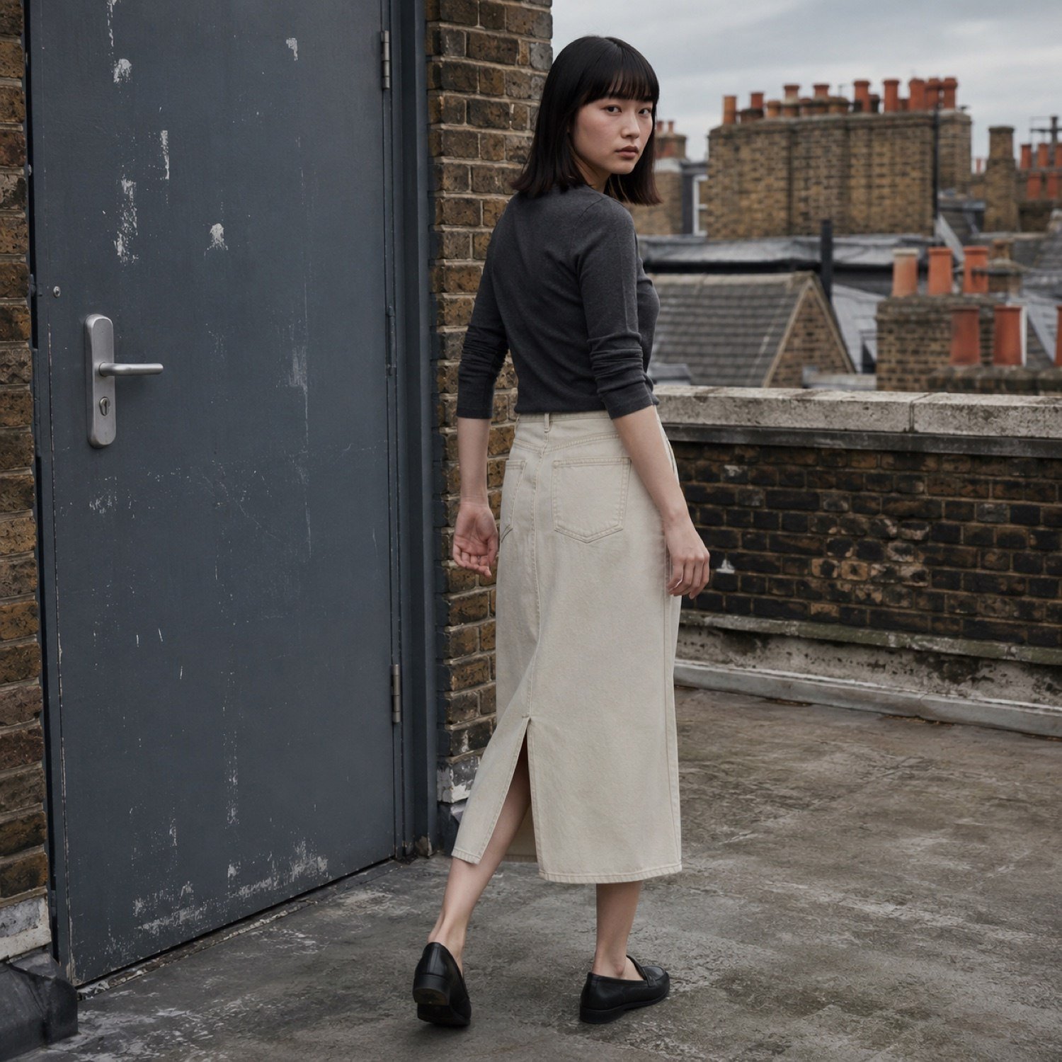 Soho Midi Denim Skirt — Skirts & Dresses by YOON SYM. worn by a model, side view.