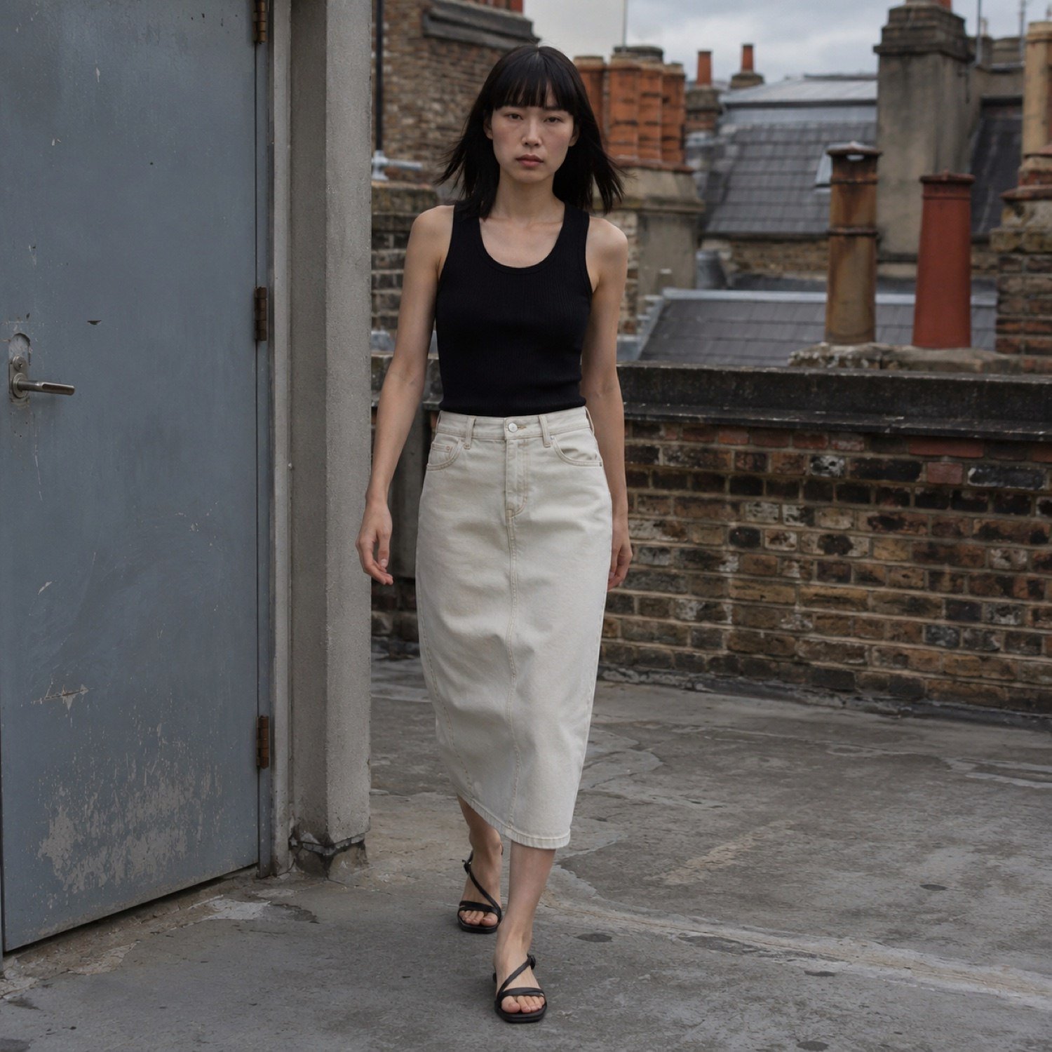 Noel Midi Denim Skirt — Skirts & Dresses by YOON SYM. worn by a model.