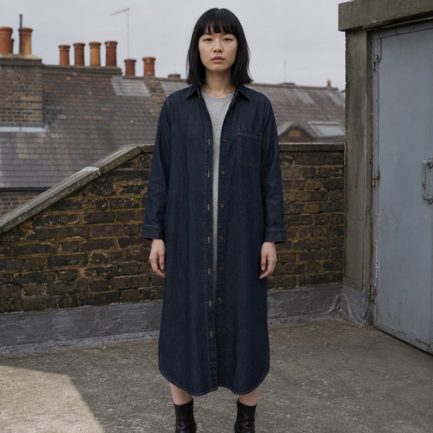 Marshall Denim Shirt Dress — Skirts & Dresses by YOON SYM. worn by a model.