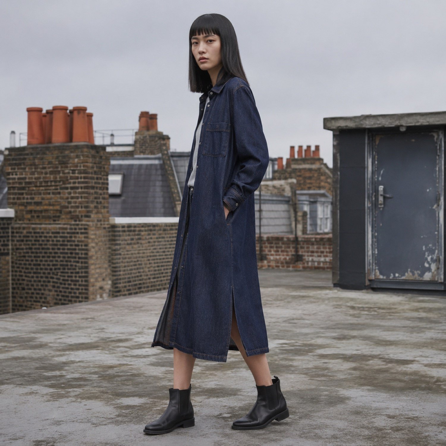 Marshall Denim Shirt Dress — Skirts & Dresses by YOON SYM. worn by a model, side view.