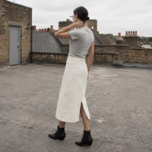 Silver Midi Denim Skirt — Skirts & Dresses by YOON SYM. worn by a model.