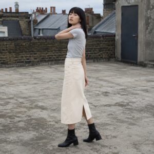 Silver Midi Denim Skirt — Skirts & Dresses by YOON SYM. worn by a model.
