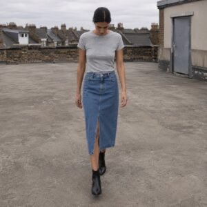 Beak Midi Denim Skirt — Skirts & Dresses by YOON SYM. worn by a model.