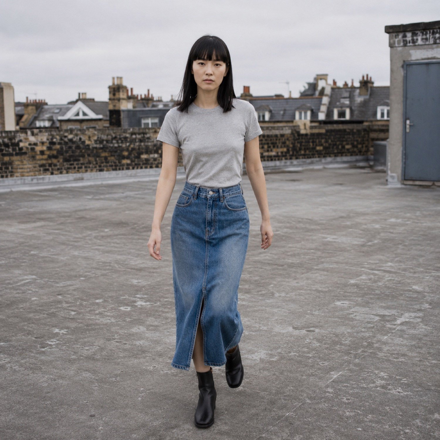 Beak Midi Denim Skirt — Skirts & Dresses by YOON SYM. worn by a model.