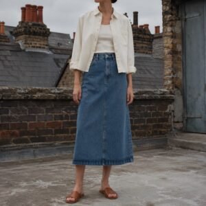 Beak Midi Denim Skirt — YOON SYM knitwear, product photograph