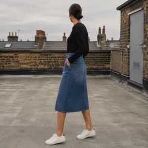 Lexington A-Line Denim Skirt — Skirts & Dresses by YOON SYM. worn by a model.