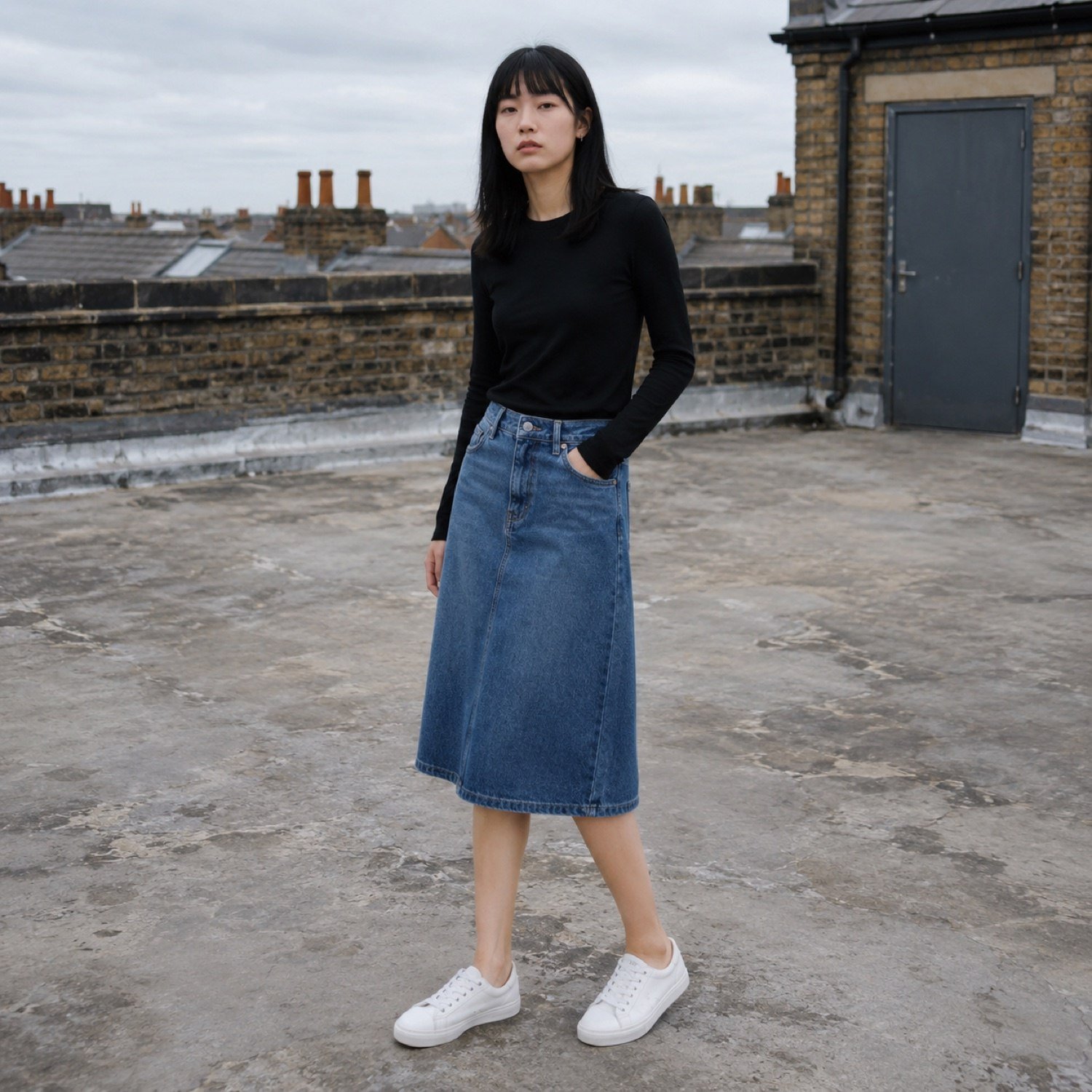 Lexington A-Line Denim Skirt — Skirts & Dresses by YOON SYM. worn by a model.