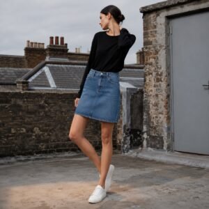 Lexington A-Line Denim Skirt — Skirts & Dresses by YOON SYM. worn by a model.