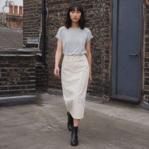 Golden Midi Denim Skirt — Skirts & Dresses by YOON SYM. worn by a model.