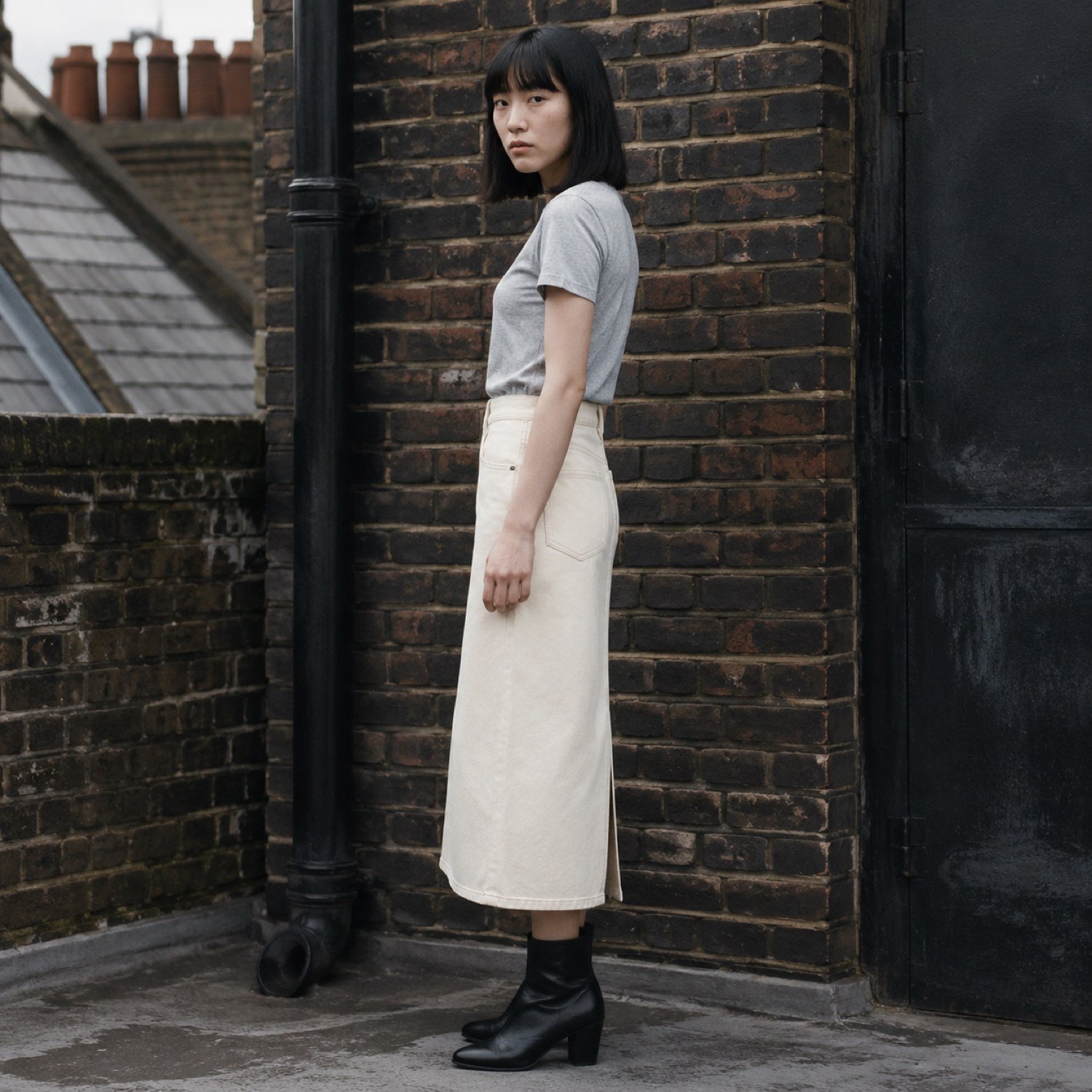Golden Midi Denim Skirt — Skirts & Dresses by YOON SYM. worn by a model, side view.