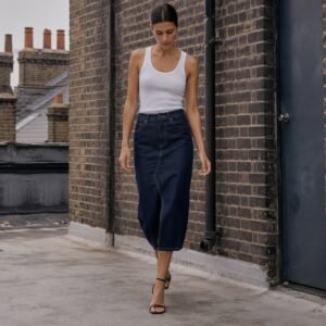 Poland Midi Denim Skirt — Skirts & Dresses by YOON SYM. worn by a model.