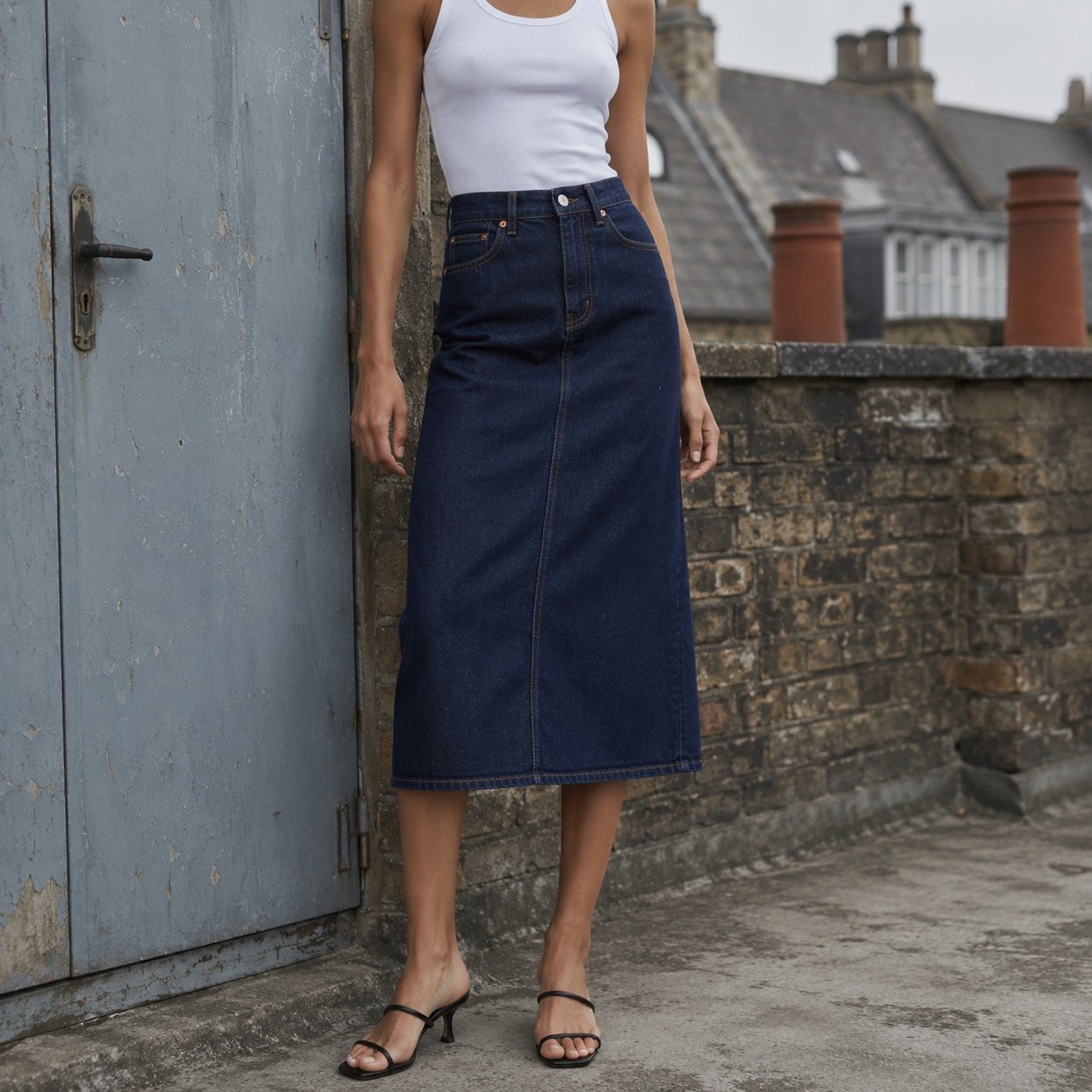 Poland Midi Denim Skirt — YOON SYM knitwear, product photograph