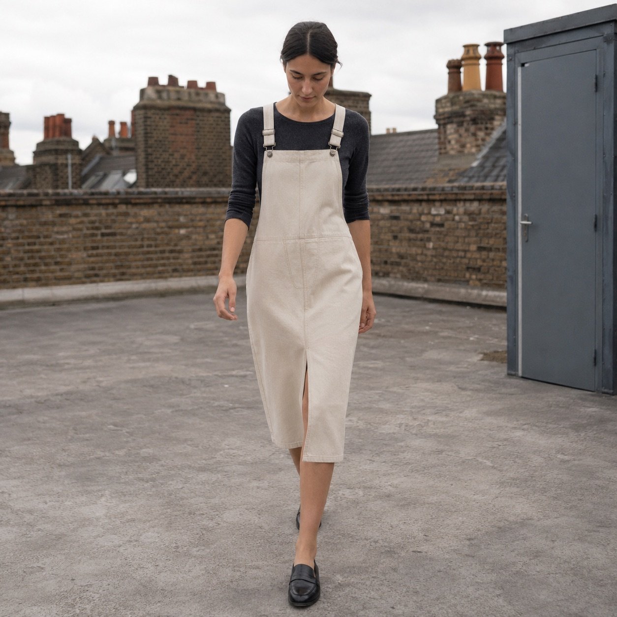 Kingly Denim Pinafore Dress — YOON SYM knitwear, product photograph