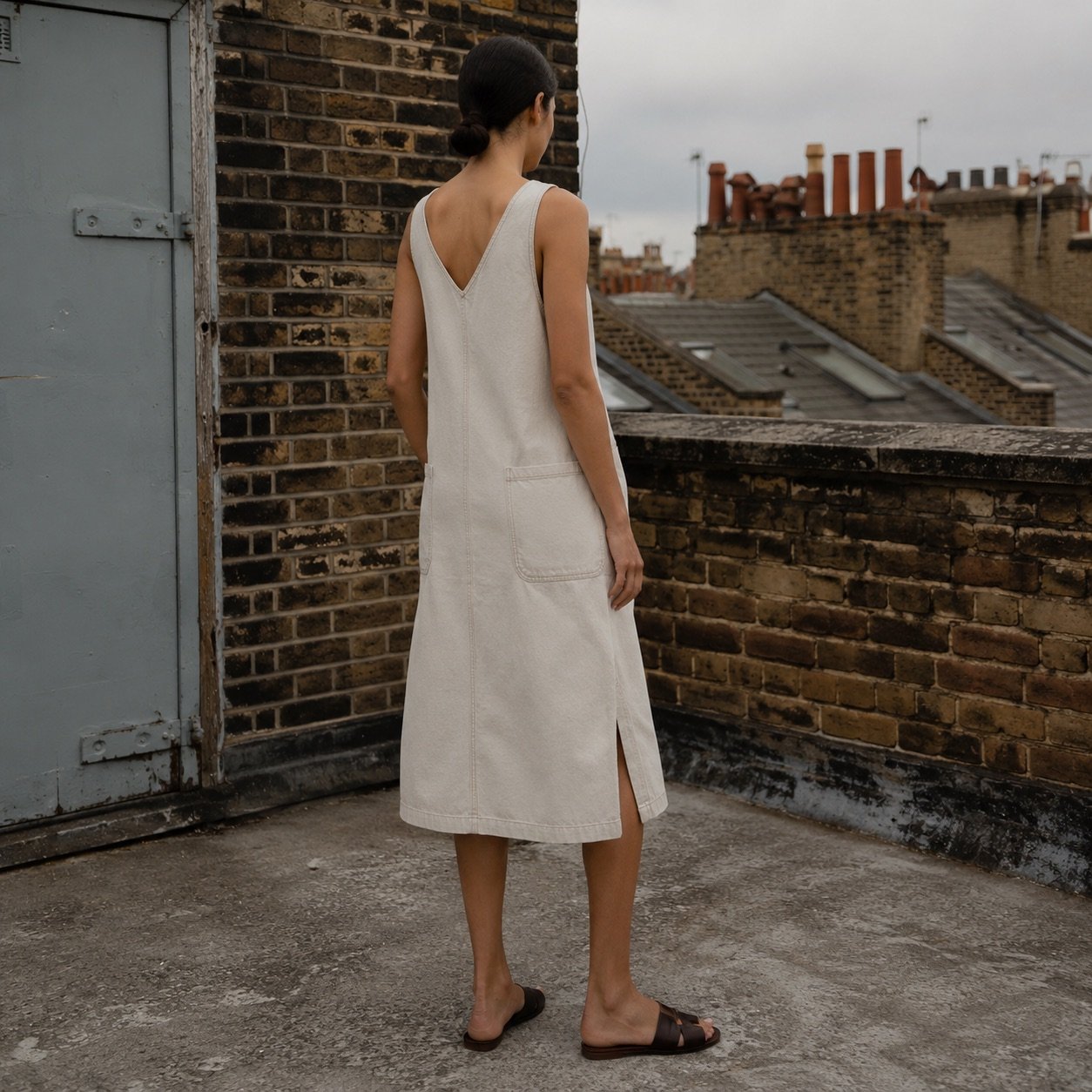 Kingly Denim Pinafore Dress — YOON SYM knitwear, product photograph