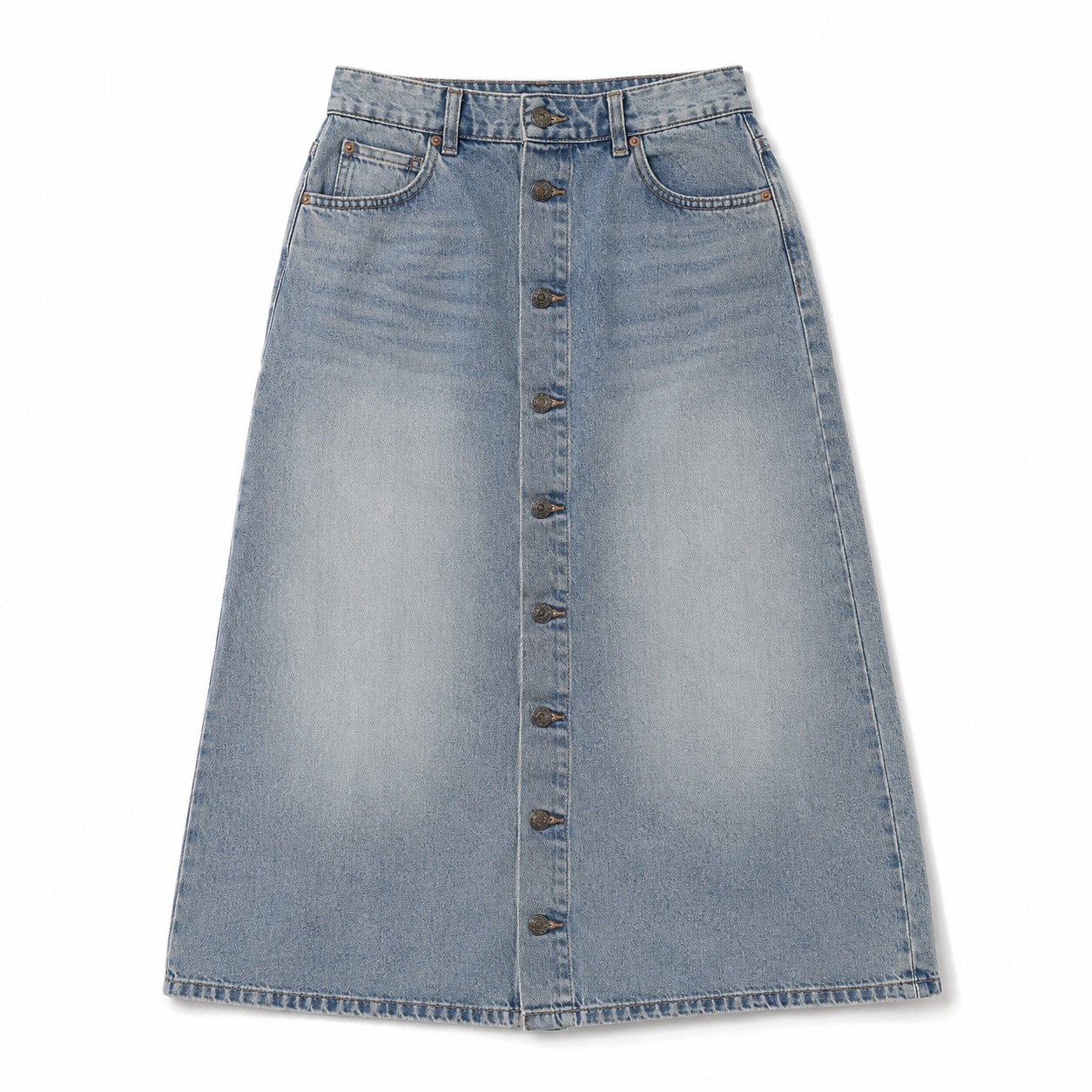 Broadwick Button Front Denim Skirt — YOON SYM knitwear, product photograph