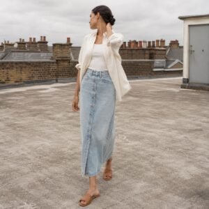Broadwick Button Front Denim Skirt — Skirts & Dresses by YOON SYM. worn by a model.