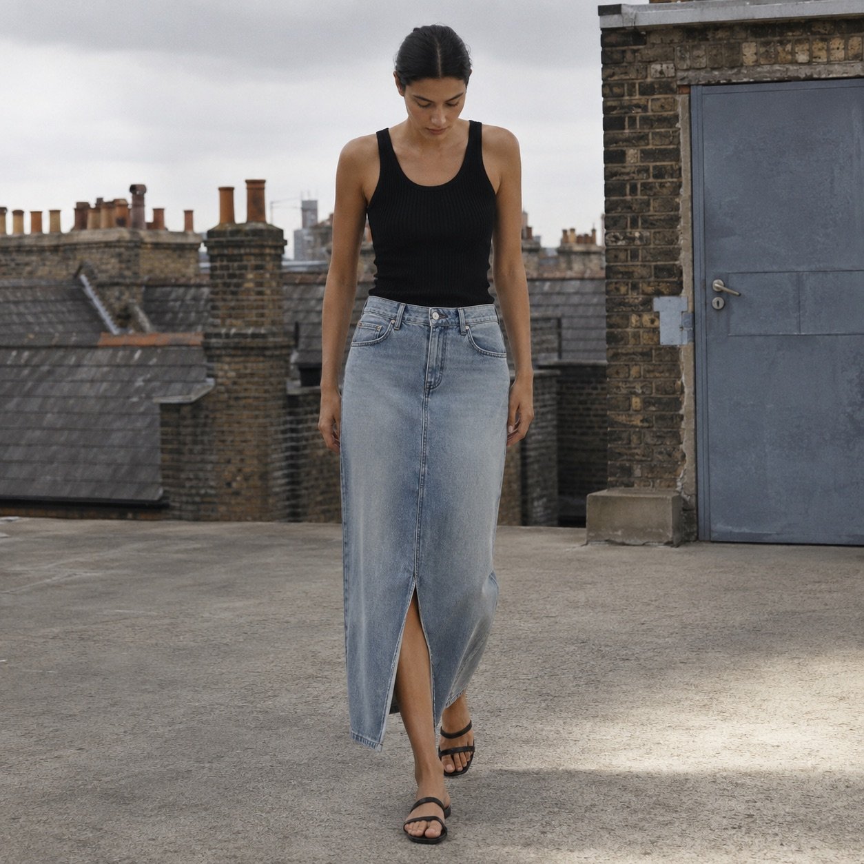 Broadwick Button Front Denim Skirt — YOON SYM knitwear, product photograph