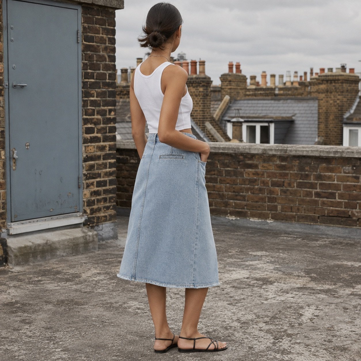 Broadwick Button Front Denim Skirt — YOON SYM knitwear, product photograph