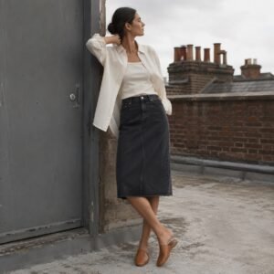 Foubert A-Line Denim Skirt — Skirts & Dresses by YOON SYM. worn by a model.